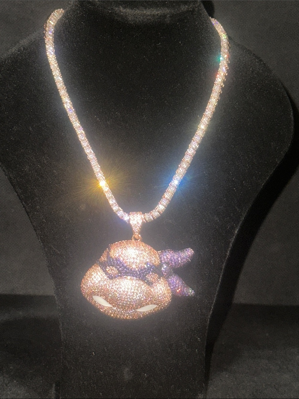 Rose Gold Ninja Turtle Pendant Necklace with Purple Accents